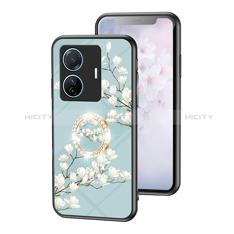 Coque Contour Silicone et Vitre Fleurs Miroir Etui Housse S01 pour Vivo T1 5G Cyan Plus