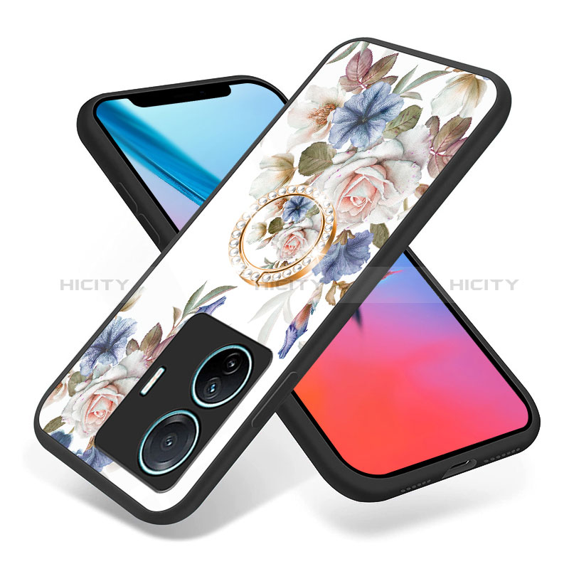 Coque Contour Silicone et Vitre Fleurs Miroir Etui Housse S01 pour Vivo T1 5G Plus