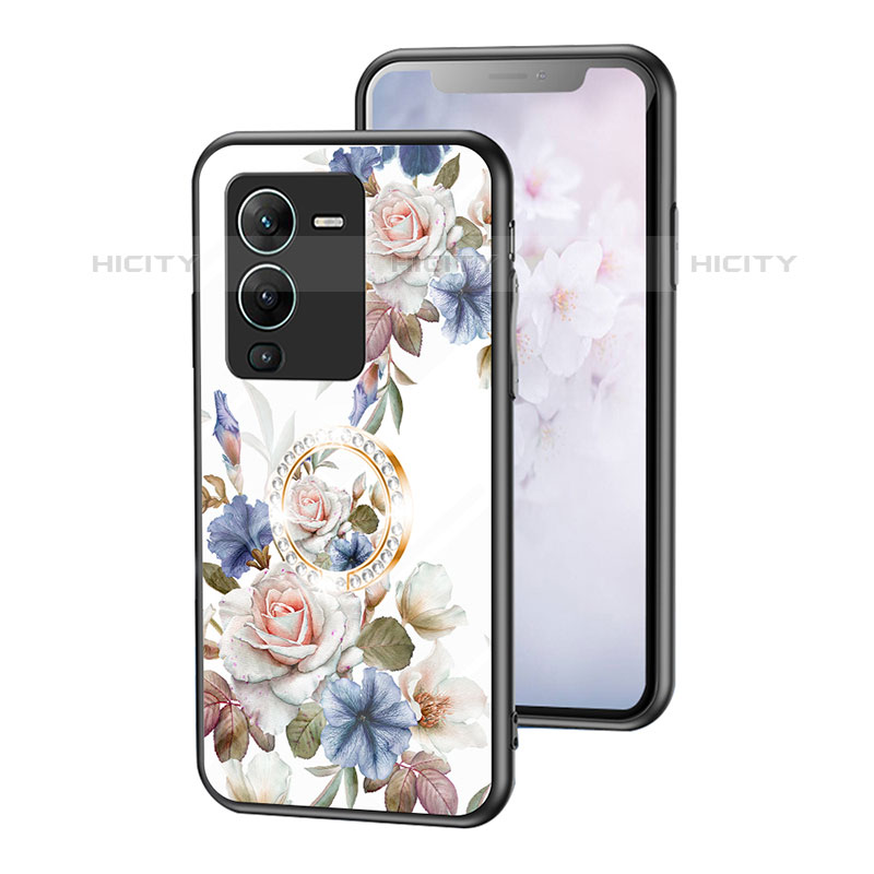 Coque Contour Silicone et Vitre Fleurs Miroir Etui Housse S01 pour Vivo V25 Pro 5G Blanc Plus