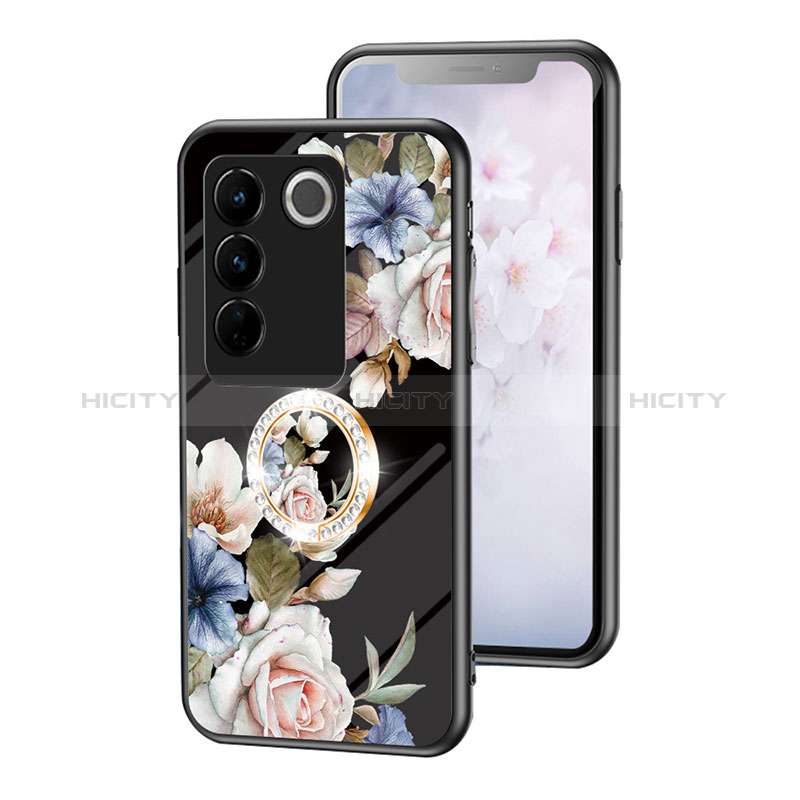 Coque Contour Silicone et Vitre Fleurs Miroir Etui Housse S01 pour Vivo V27 5G Noir Plus