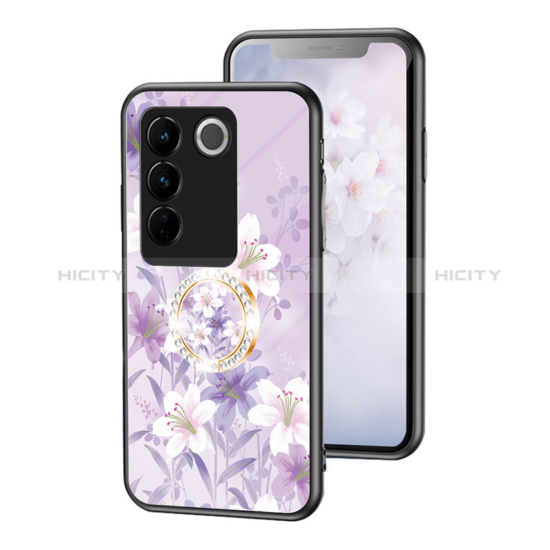 Coque Contour Silicone et Vitre Fleurs Miroir Etui Housse S01 pour Vivo V27 Pro 5G Violet Clair Plus