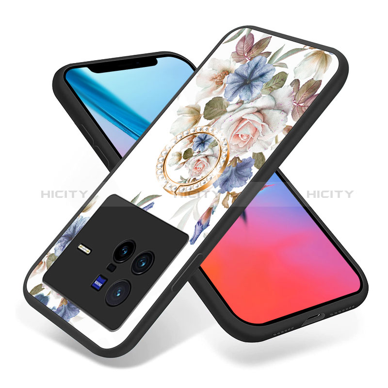 Coque Contour Silicone et Vitre Fleurs Miroir Etui Housse S01 pour Vivo X80 5G Plus