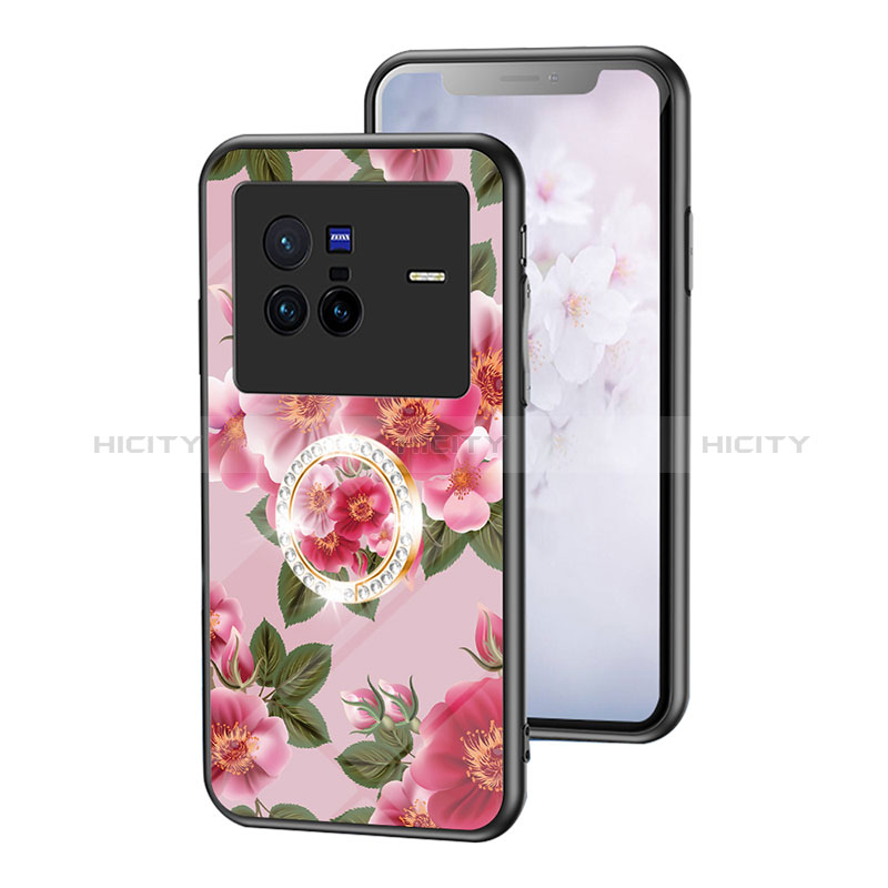 Coque Contour Silicone et Vitre Fleurs Miroir Etui Housse S01 pour Vivo X80 5G Rouge Plus