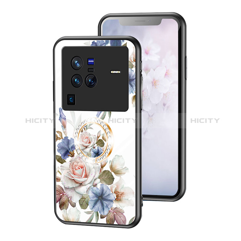 Coque Contour Silicone et Vitre Fleurs Miroir Etui Housse S01 pour Vivo X80 Pro 5G Blanc Plus