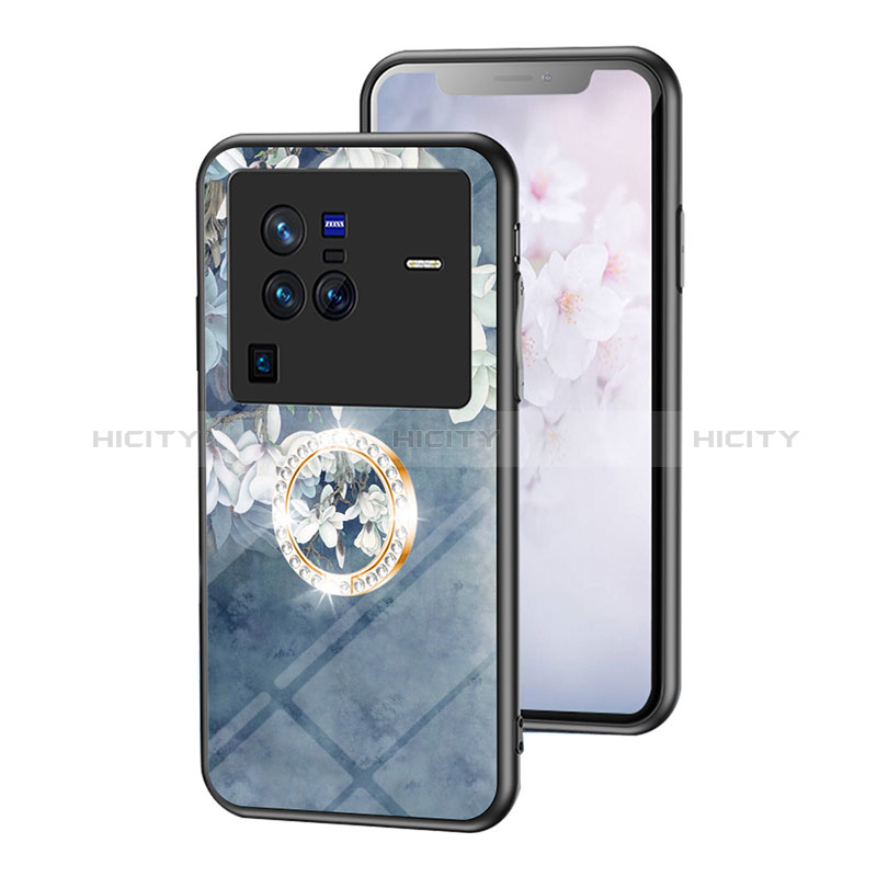 Coque Contour Silicone et Vitre Fleurs Miroir Etui Housse S01 pour Vivo X80 Pro 5G Bleu Plus