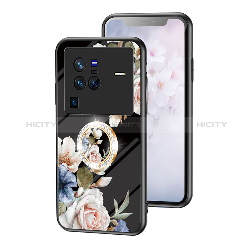 Coque Contour Silicone et Vitre Fleurs Miroir Etui Housse S01 pour Vivo X80 Pro 5G Noir Plus