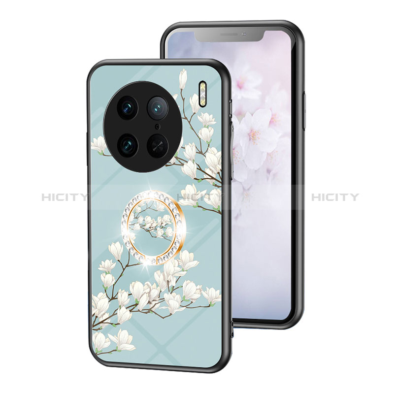 Coque Contour Silicone et Vitre Fleurs Miroir Etui Housse S01 pour Vivo X90 Pro 5G Cyan Plus