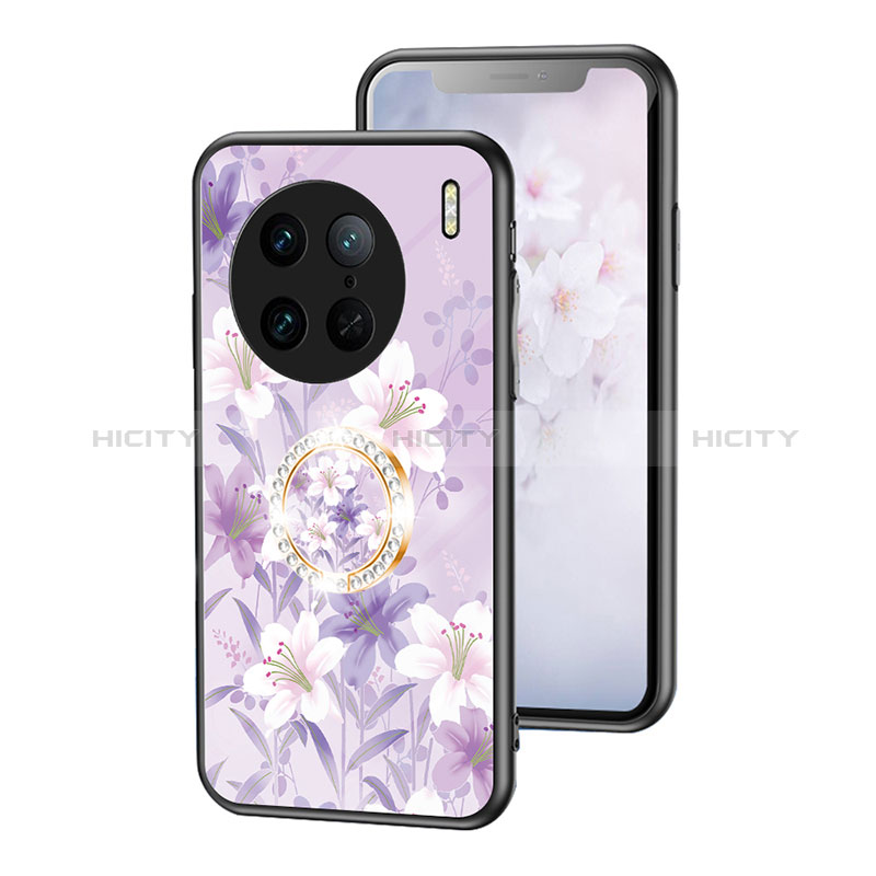 Coque Contour Silicone et Vitre Fleurs Miroir Etui Housse S01 pour Vivo X90 Pro 5G Violet Clair Plus