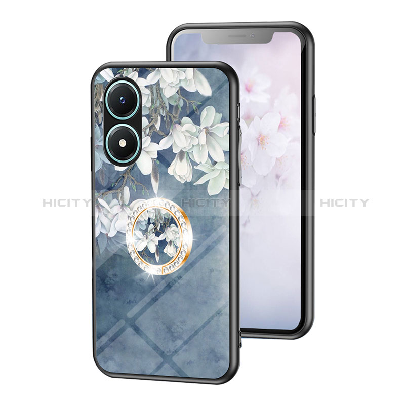 Coque Contour Silicone et Vitre Fleurs Miroir Etui Housse S01 pour Vivo Y02S Bleu Plus