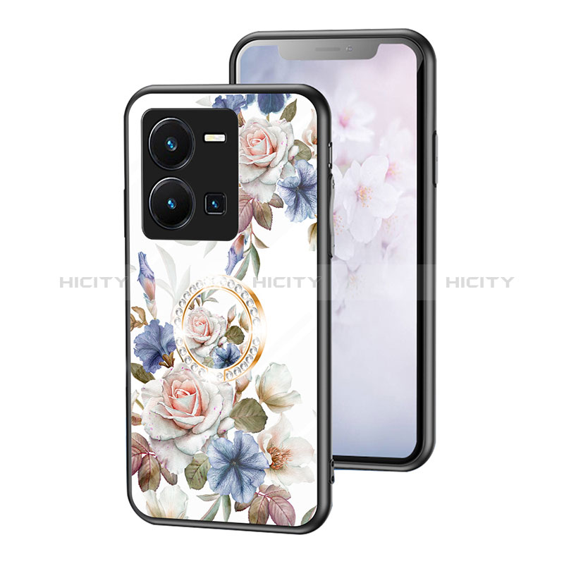 Coque Contour Silicone et Vitre Fleurs Miroir Etui Housse S01 pour Vivo Y35 4G Blanc Plus