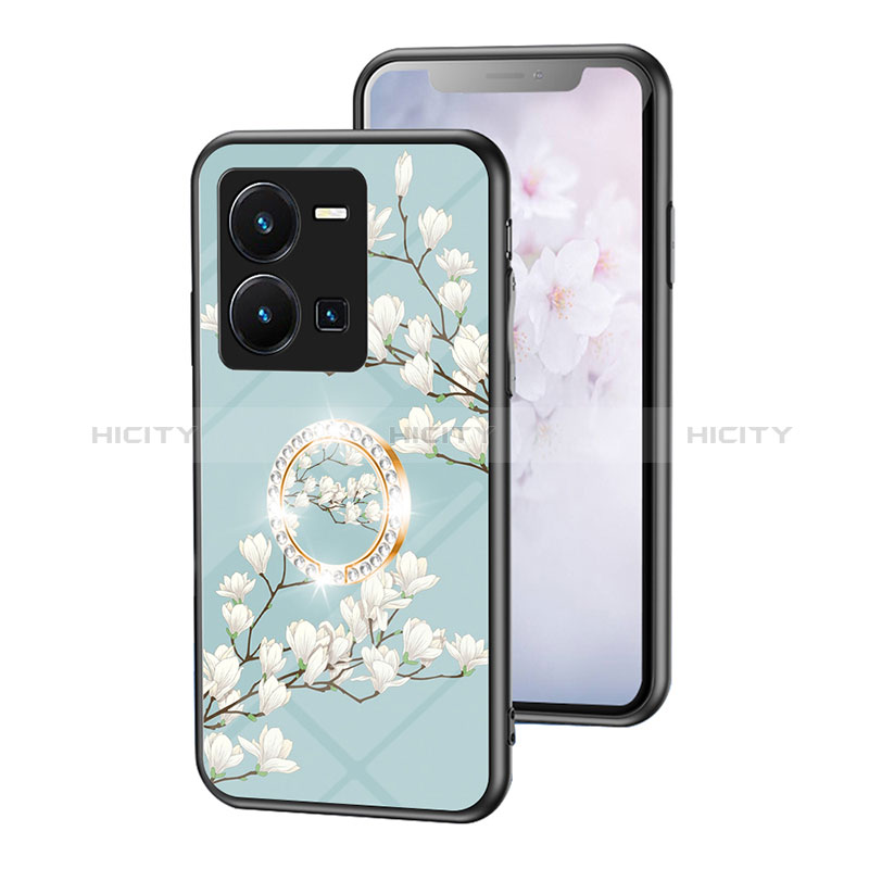 Coque Contour Silicone et Vitre Fleurs Miroir Etui Housse S01 pour Vivo Y35 4G Cyan Plus