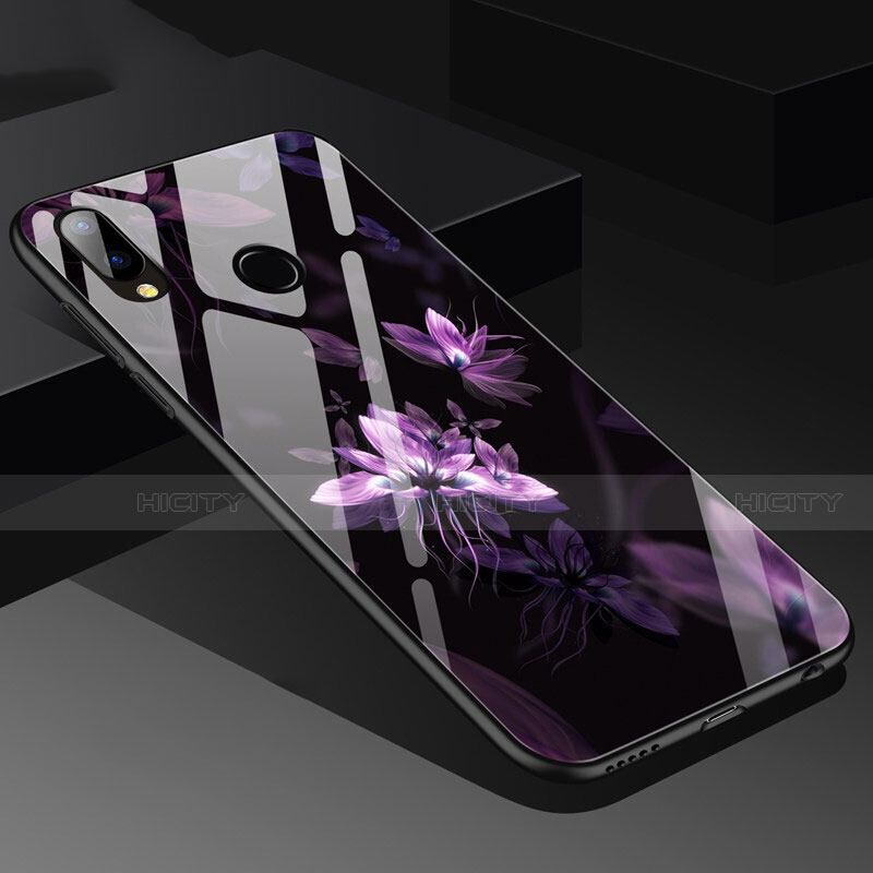 Coque Contour Silicone et Vitre Fleurs Miroir pour Huawei Nova 3e Violet Plus