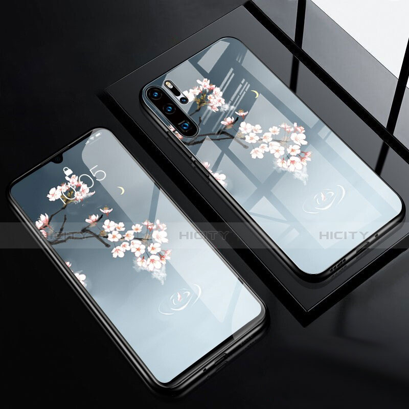 Coque Contour Silicone et Vitre Fleurs Miroir pour Huawei P30 Pro Bleu Ciel Plus