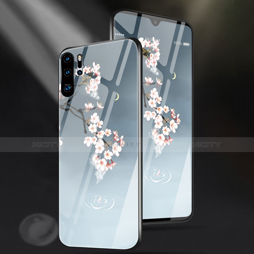 Coque Contour Silicone et Vitre Fleurs Miroir pour Huawei P30 Pro New Edition Bleu Ciel Plus