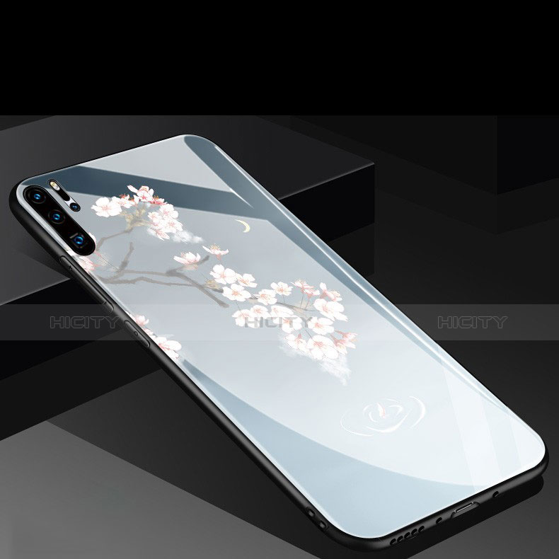 Coque Contour Silicone et Vitre Fleurs Miroir pour Huawei P30 Pro New Edition Bleu Ciel Plus