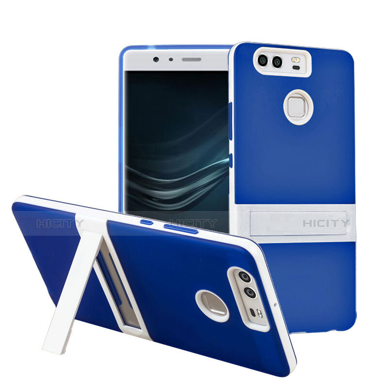 Coque Contour Silicone et Vitre Mat avec Bequille pour Huawei P9 Bleu Plus