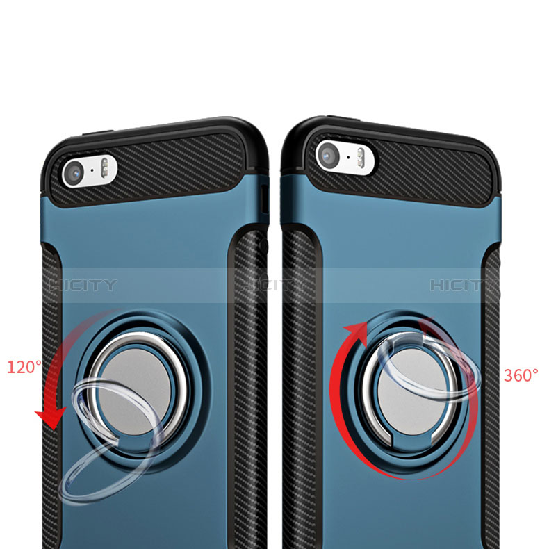 Coque Contour Silicone et Vitre Mat avec Support Bague Anneau pour Apple iPhone 5S Bleu Plus