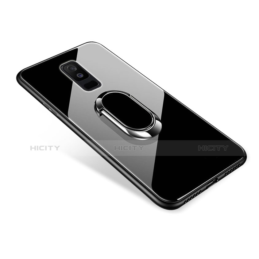 Coque Contour Silicone et Vitre Miroir Housse Etui avec Support Bague Anneau pour Samsung Galaxy A6 Plus Noir Plus