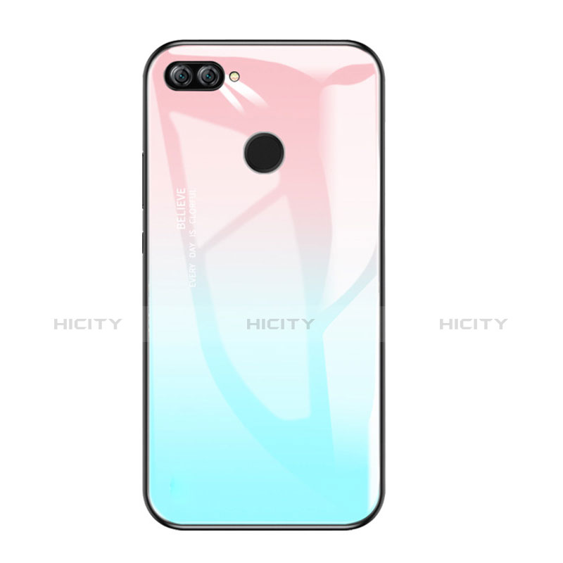 Coque Contour Silicone et Vitre Miroir Housse Etui Degrade Arc en Ciel pour Huawei Honor 9i Bleu Ciel Plus