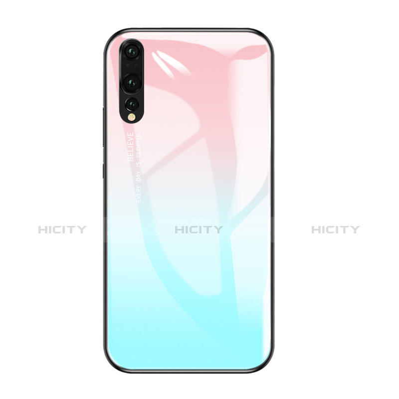 Coque Contour Silicone et Vitre Miroir Housse Etui Degrade Arc en Ciel pour Huawei P20 Pro Bleu Ciel Plus