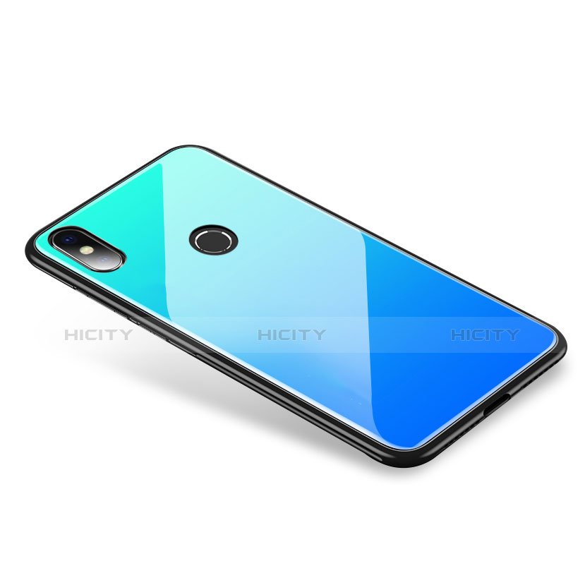 Coque Contour Silicone et Vitre Miroir Housse Etui Degrade Arc en Ciel pour Xiaomi Mi 8 Bleu Plus