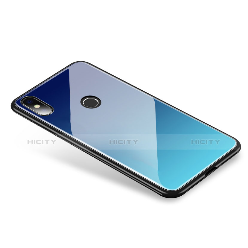 Coque Contour Silicone et Vitre Miroir Housse Etui Degrade Arc en Ciel pour Xiaomi Mi 8 Bleu Ciel Plus