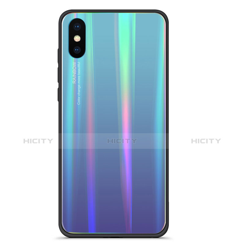 Coque Contour Silicone et Vitre Miroir Housse Etui Degrade Arc en Ciel pour Xiaomi Mi 8 Pro Global Version Bleu Plus