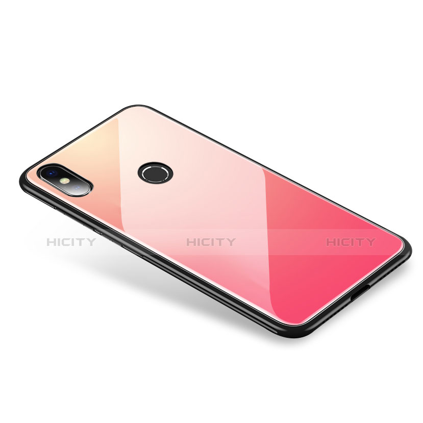 Coque Contour Silicone et Vitre Miroir Housse Etui Degrade Arc en Ciel pour Xiaomi Mi 8 Rose Rouge Plus