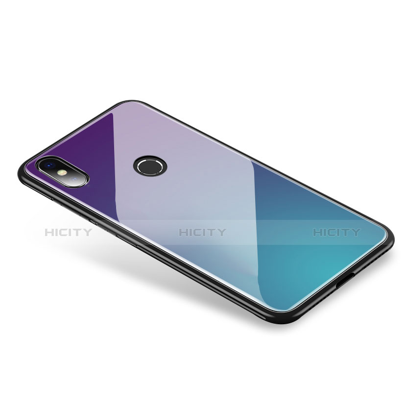 Coque Contour Silicone et Vitre Miroir Housse Etui Degrade Arc en Ciel pour Xiaomi Mi 8 Violet Plus