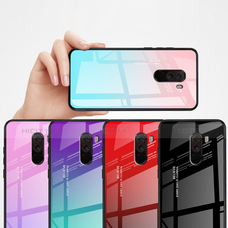 Coque Contour Silicone et Vitre Miroir Housse Etui Degrade Arc en Ciel pour Xiaomi Pocophone F1 Plus