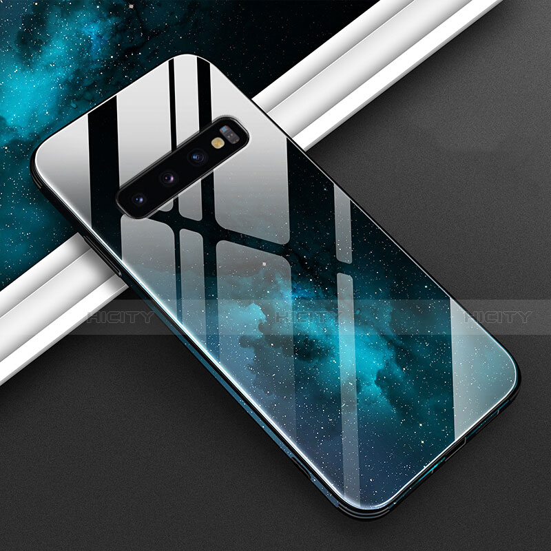 Coque Contour Silicone et Vitre Motif Fantaisie Miroir Etui Housse K06 pour Samsung Galaxy S10 Plus Cyan Plus