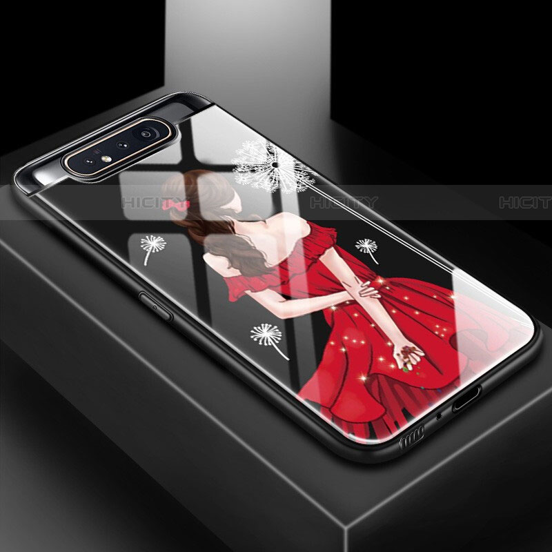 Coque Contour Silicone et Vitre Motif Fantaisie Miroir Etui Housse S01 pour Samsung Galaxy A80 Rouge et Noir Plus