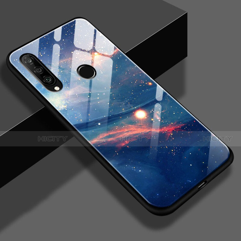 Coque Contour Silicone et Vitre Paillette Etoile Miroir S02 pour Huawei P30 Lite New Edition Bleu Plus