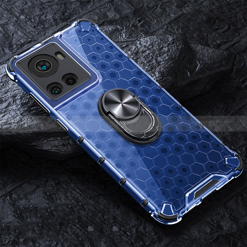 Coque Contour Silicone et Vitre Transparente Miroir 360 Degres avec Support Bague Anneau Aimante Magnetique AM1 pour OnePlus 10R 5G Bleu Plus