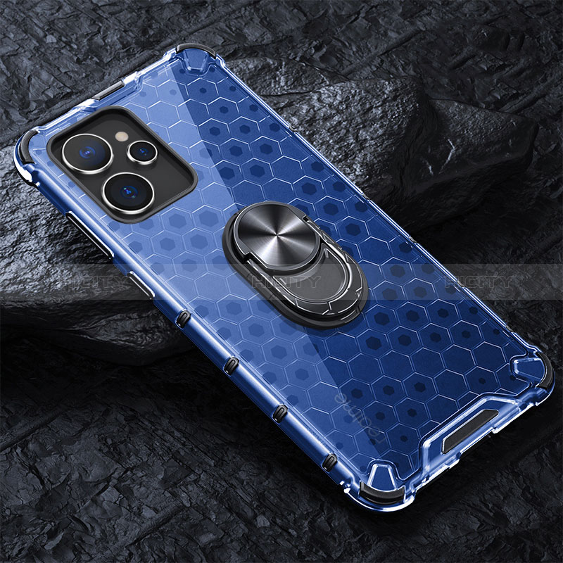 Coque Contour Silicone et Vitre Transparente Miroir 360 Degres avec Support Bague Anneau Aimante Magnetique AM1 pour Realme 10T 5G Bleu Plus