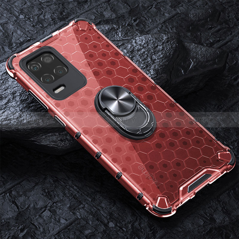 Coque Contour Silicone et Vitre Transparente Miroir 360 Degres avec Support Bague Anneau Aimante Magnetique AM1 pour Realme 9 5G India Rouge Plus