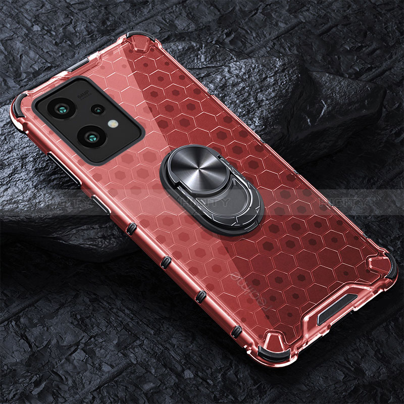 Coque Contour Silicone et Vitre Transparente Miroir 360 Degres avec Support Bague Anneau Aimante Magnetique AM1 pour Realme 9 5G Rouge Plus