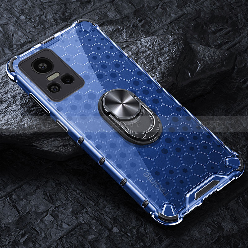 Coque Contour Silicone et Vitre Transparente Miroir 360 Degres avec Support Bague Anneau Aimante Magnetique AM1 pour Realme GT Neo3 5G Bleu Plus