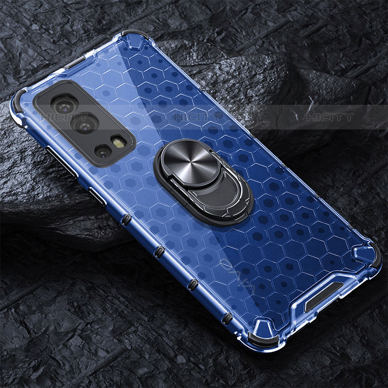 Coque Contour Silicone et Vitre Transparente Miroir 360 Degres avec Support Bague Anneau Aimante Magnetique AM1 pour Vivo iQOO Z3 5G Bleu Plus