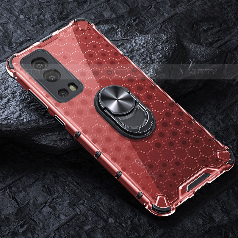 Coque Contour Silicone et Vitre Transparente Miroir 360 Degres avec Support Bague Anneau Aimante Magnetique AM1 pour Vivo iQOO Z3 5G Rouge Plus