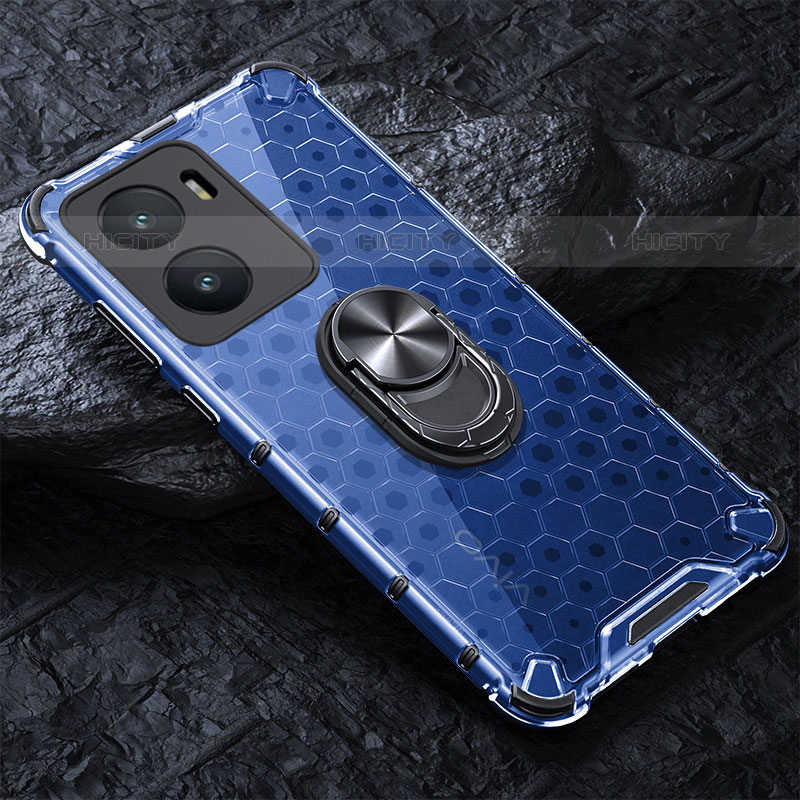 Coque Contour Silicone et Vitre Transparente Miroir 360 Degres avec Support Bague Anneau Aimante Magnetique AM1 pour Vivo iQOO Z7i 5G Bleu Plus