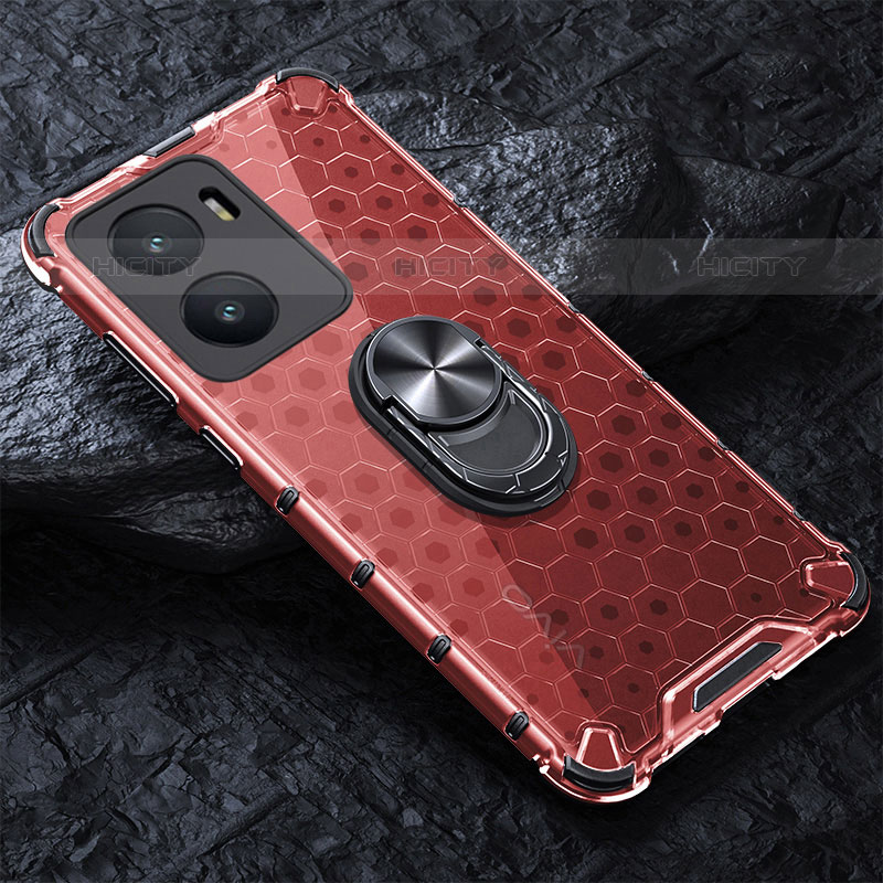 Coque Contour Silicone et Vitre Transparente Miroir 360 Degres avec Support Bague Anneau Aimante Magnetique AM1 pour Vivo iQOO Z7i 5G Rouge Plus