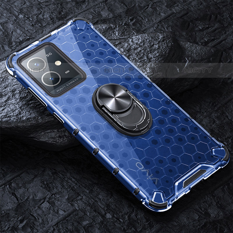 Coque Contour Silicone et Vitre Transparente Miroir 360 Degres avec Support Bague Anneau Aimante Magnetique AM1 pour Vivo T1 5G India Bleu Plus