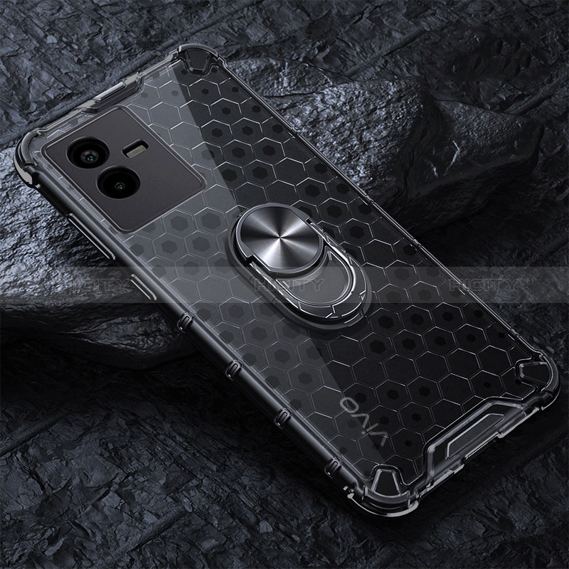 Coque Contour Silicone et Vitre Transparente Miroir 360 Degres avec Support Bague Anneau Aimante Magnetique AM1 pour Vivo T2x 5G Noir Plus