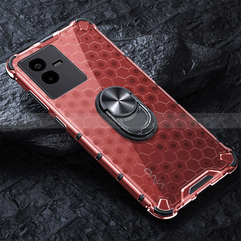 Coque Contour Silicone et Vitre Transparente Miroir 360 Degres avec Support Bague Anneau Aimante Magnetique AM1 pour Vivo T2x 5G Rouge Plus