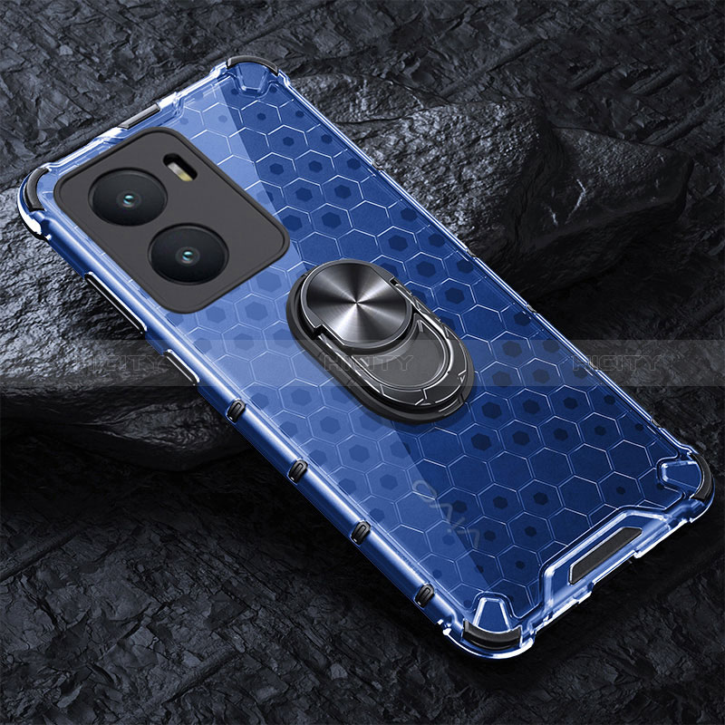 Coque Contour Silicone et Vitre Transparente Miroir 360 Degres avec Support Bague Anneau Aimante Magnetique AM1 pour Vivo T2x 5G V2253 Bleu Plus