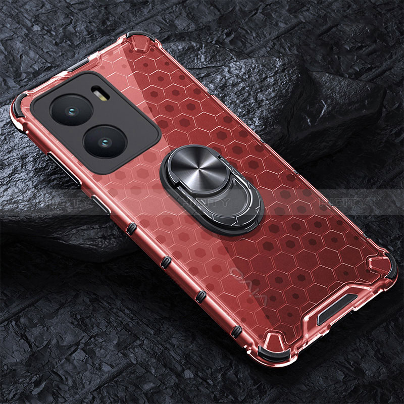 Coque Contour Silicone et Vitre Transparente Miroir 360 Degres avec Support Bague Anneau Aimante Magnetique AM1 pour Vivo T2x 5G V2253 Rouge Plus