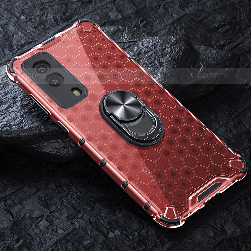 Coque Contour Silicone et Vitre Transparente Miroir 360 Degres avec Support Bague Anneau Aimante Magnetique AM1 pour Vivo V21e 5G Rouge Plus