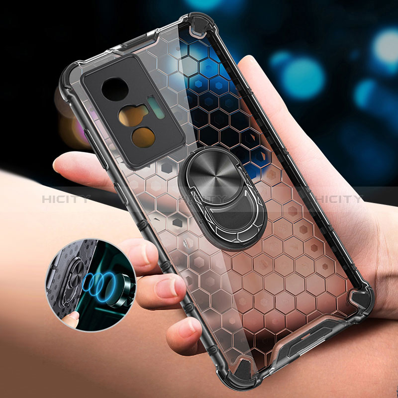 Coque Contour Silicone et Vitre Transparente Miroir 360 Degres avec Support Bague Anneau Aimante Magnetique AM1 pour Vivo X70t Plus