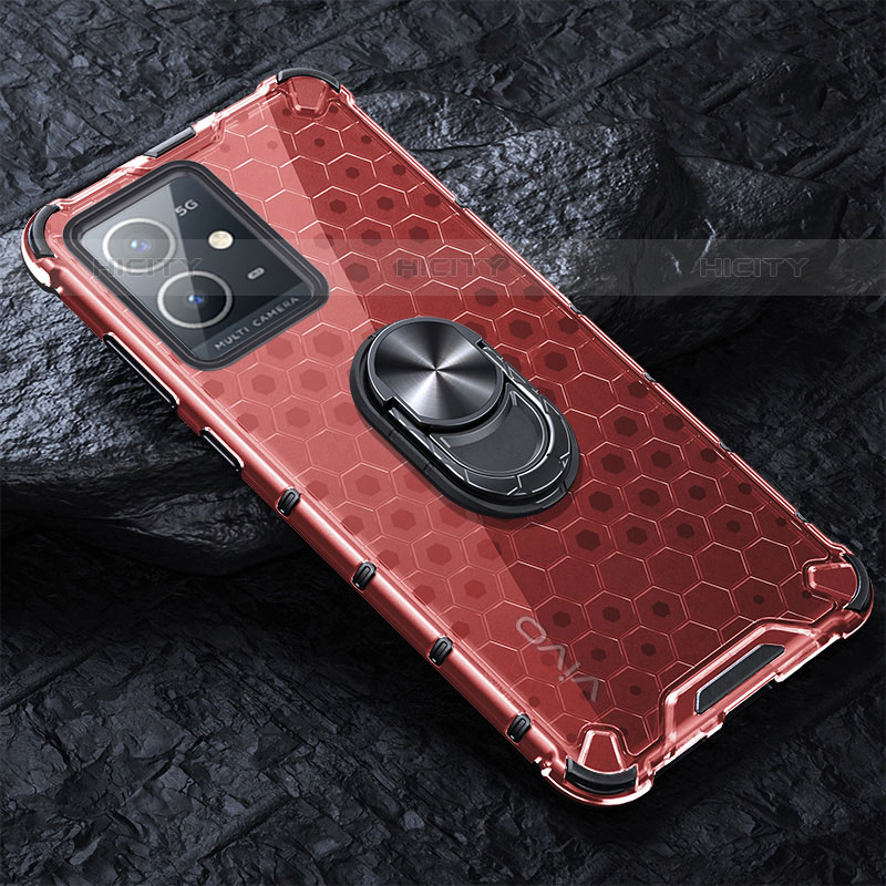 Coque Contour Silicone et Vitre Transparente Miroir 360 Degres avec Support Bague Anneau Aimante Magnetique AM1 pour Vivo Y55 5G Rouge Plus